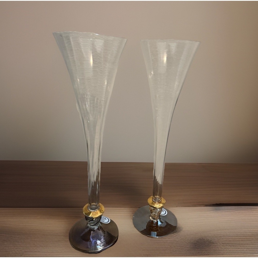 2 Vtg Toasting Stil Flutes Romania Hand made & painted Gold w/ Iridescent Shades